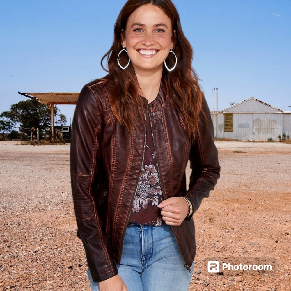 New Maurices Women's Faux distressed brown leather moto jacket Size XL
